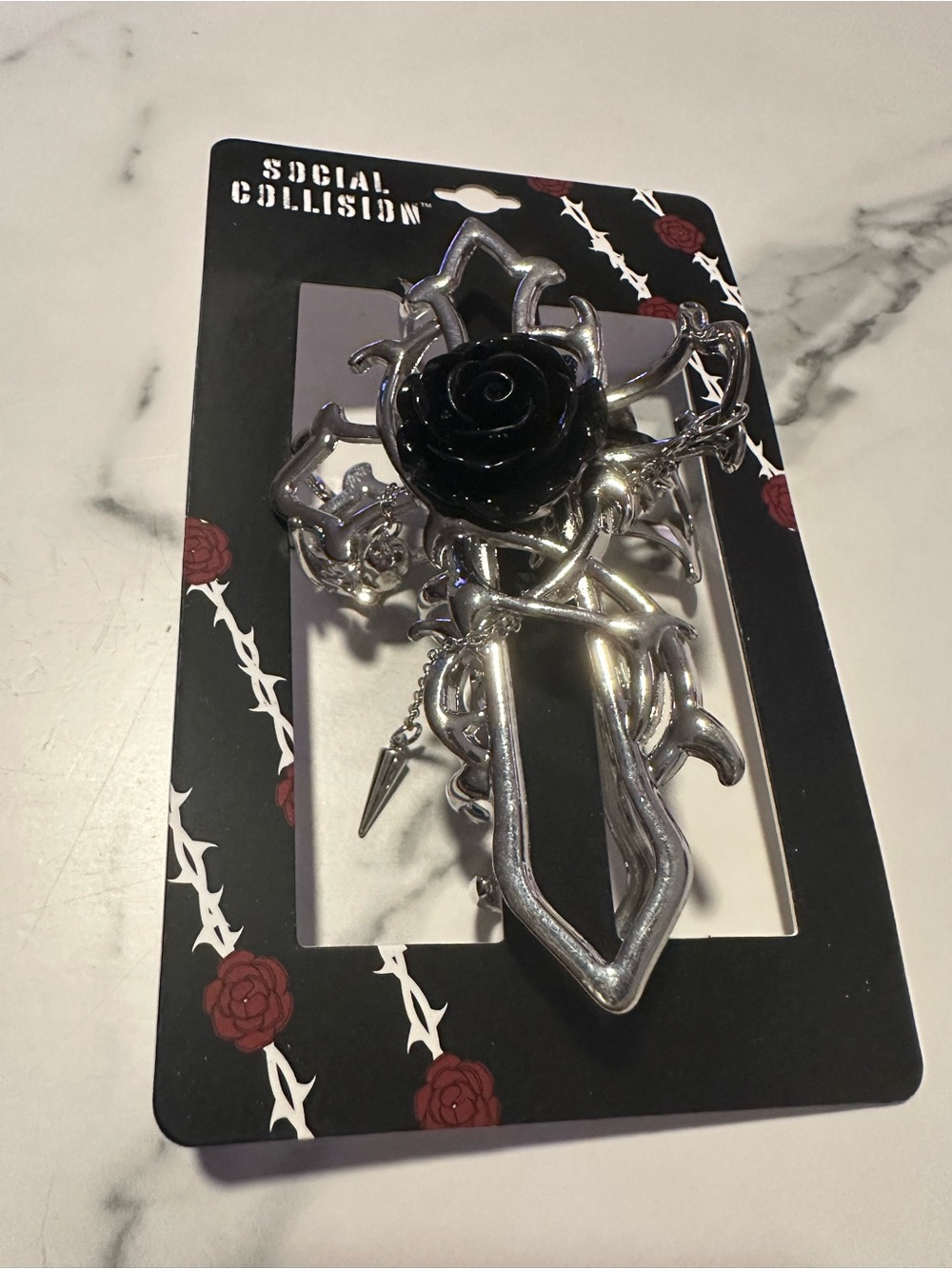 Hot Topic Silver Tone Cross Hair Claw with Black Rose and Dangling Charms